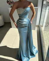 Dusty Blue Sweetheart Sleeveless Mermaid Satin Beaded Rhinestone Floor Formal Evening Gown