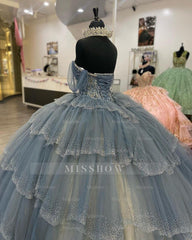 Dusty Blue Sweetheart Sleeveless Rhinestone Beaded Tiered Ball Gown Quinceanera Dress