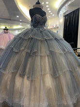 Dusty Blue Sweetheart Sleeveless Rhinestone Beaded Tiered Ball Gown Quinceanera Dress