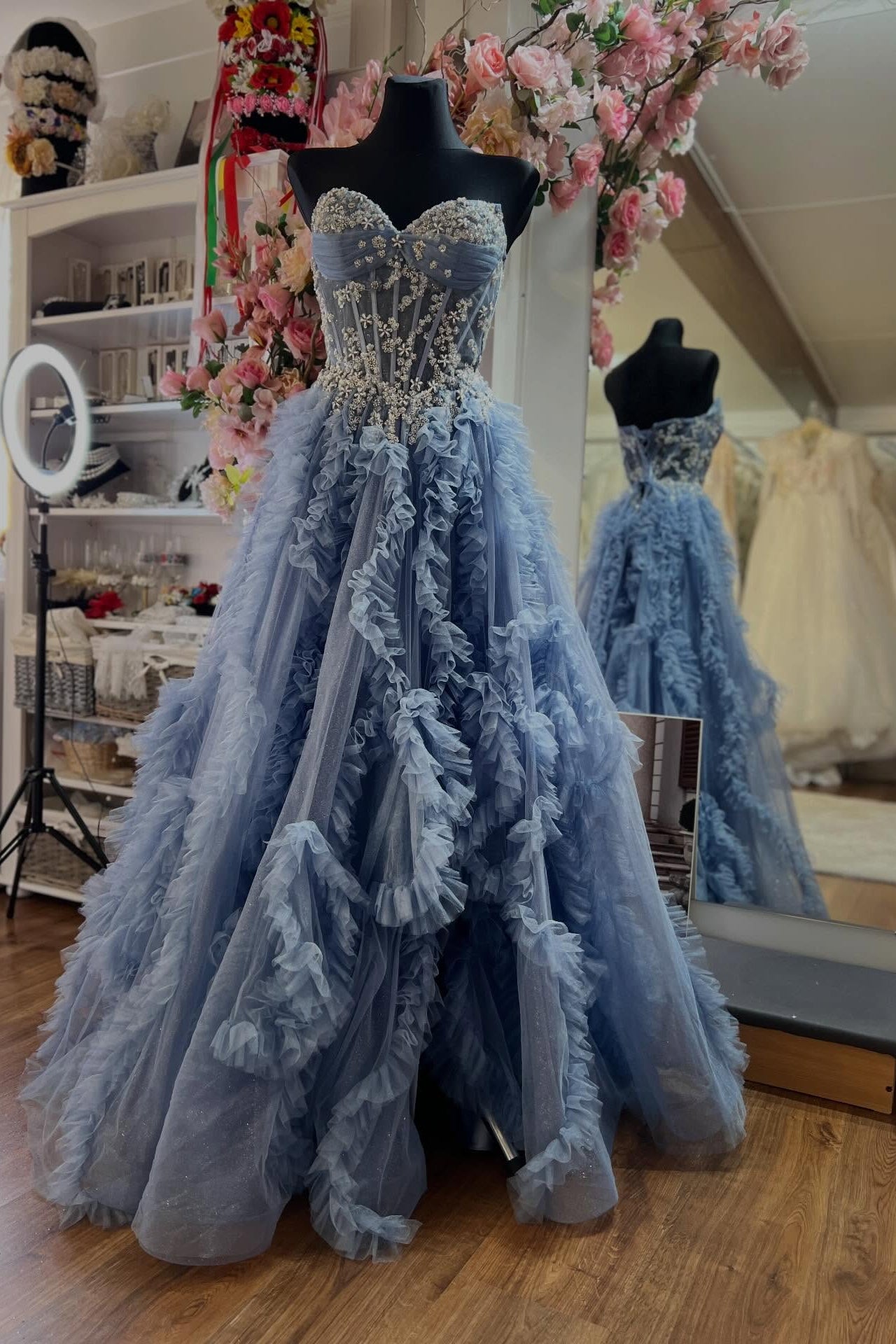 Dusty Blue Sweetheart Rhinestone A-line Prom Dress