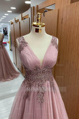 Dusty Pink Sleeveless A Line Formal Dress Tulle Long With Appliques V Neck