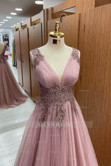 Dusty Pink Sleeveless A Line Formal Dress Tulle Long With Appliques V Neck