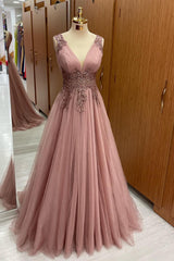 Dusty Pink Sleeveless A Line Formal Dress Tulle Long With Appliques V Neck