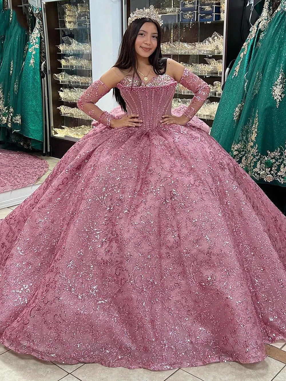 Dusty Pink Sweetheart Long Sleeve Sequined Lace Applique Bow Ball Gown Quinceanera Gown