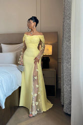 Yellow off-the-shoulder applique mermaid evening dress