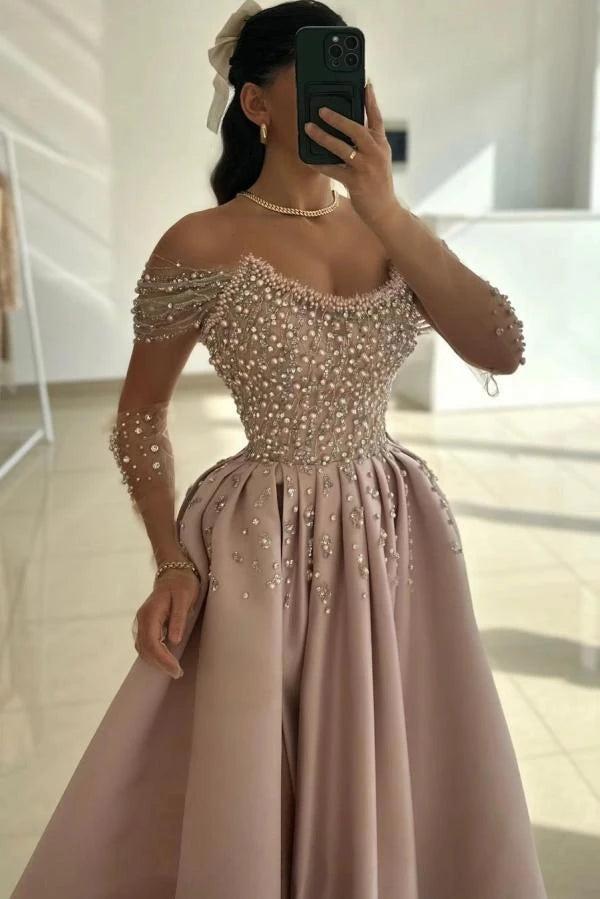 Dusty Rose Pearl Beaded A-Line Evening Dress Off Shoulder Sheer Long Sleeves Thigh-High Slit Formal Gown