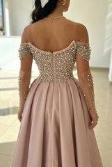 Dusty Rose Pearl Beaded A-Line Evening Dress Off Shoulder Sheer Long Sleeves Thigh-High Slit Formal Gown