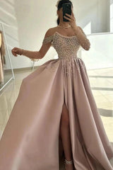 Dusty Rose Pearl Beaded A-Line Evening Dress Off Shoulder Sheer Long Sleeves Thigh-High Slit Formal Gown