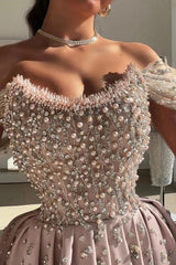 Dusty Rose Pearl Beaded A-Line Evening Dress Off Shoulder Sheer Long Sleeves Thigh-High Slit Formal Gown