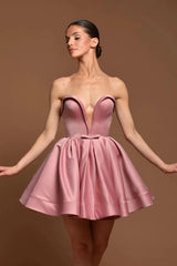 Dusty Rose Satin Strapless Corset Mini Dress Deep Sweetheart Bow Waist Pearl Button Back Ballet Inspired Homecoming Gown