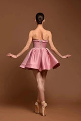 Dusty Rose Satin Strapless Corset Mini Dress Deep Sweetheart Bow Waist Pearl Button Back Ballet Inspired Homecoming Gown
