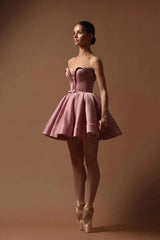Dusty Rose Satin Strapless Corset Mini Dress Deep Sweetheart Bow Waist Pearl Button Back Ballet Inspired Homecoming Gown