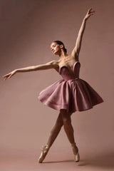 Dusty Rose Satin Strapless Corset Mini Dress Deep Sweetheart Bow Waist Pearl Button Back Ballet Inspired Homecoming Gown