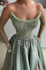 Dusty Sage Pearl Beaded A-Line Evening Dress Off Shoulder Sheer Long Sleeves Thigh-High Slit Formal Gown