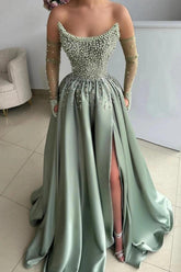 Dusty Sage Pearl Beaded A-Line Evening Dress Off Shoulder Sheer Long Sleeves Thigh-High Slit Formal Gown