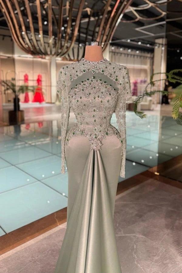 Dusty Sage Satin Mermaid Evening Dress High Neck Long Sleeves Allover Crystal Gemstone Beaded Illusion Bodice Crystal Floral Brooch Center Drape Royal Cathedral Train Formal Gown