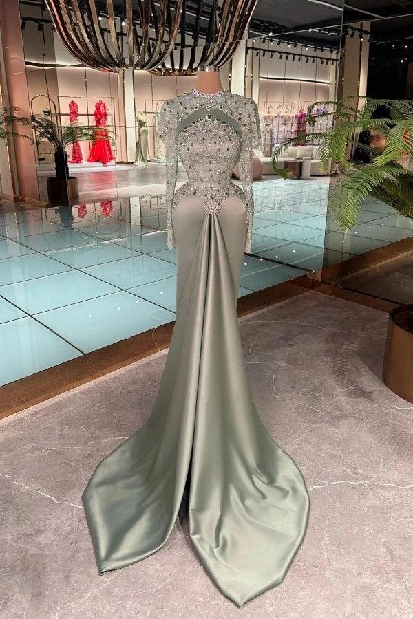 Dusty Sage Satin Mermaid Evening Dress High Neck Long Sleeves Allover Crystal Gemstone Beaded Illusion Bodice Crystal Floral Brooch Center Drape Royal Cathedral Train Formal Gown