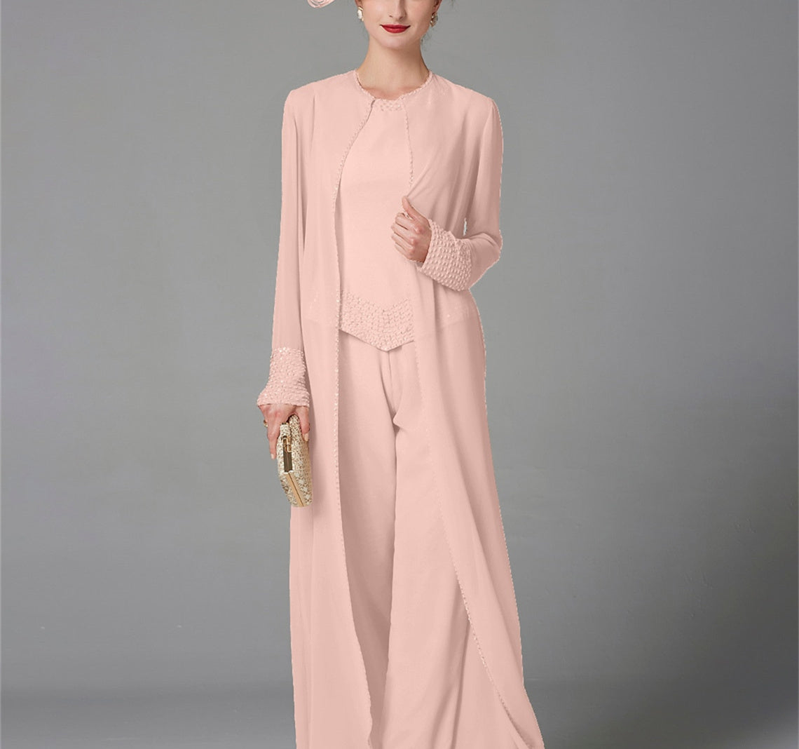 Chiffon Long Sleeves Mother Of The Bride Pantsuits With Jacket Sequins