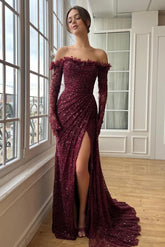 Eleagnt Long Burgundy Off-the-shoulder Sequined Formal Dress with Long Sleeves