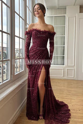 Eleagnt Long Burgundy Off-the-shoulder Sequined Formal Dress with Long Sleeves