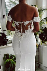 Eleagnt Long White Mermaid Off-the-shoulder Lace Wedding Dress with Train