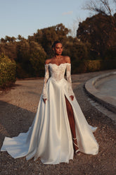 Eleagnt White Off-the-shoulder Lace Long Wedding Dress with Slit and Long Sleeves