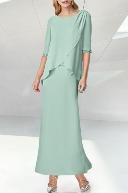 Elegant A-Line Satin Mother of The Bride Dress Scoop Neck Half Sleeve Bridesmaid Dresses