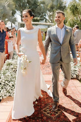 Elegant A-Line Satin Sleeveless White Wedding Dress With Train