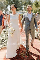 Elegant A-Line Satin Sleeveless White Wedding Dress With Train