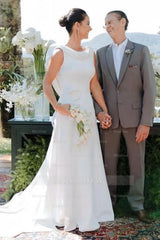 Elegant A-Line Satin Sleeveless White Wedding Dress With Train