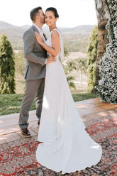 Elegant A-Line Satin Sleeveless White Wedding Dress With Train