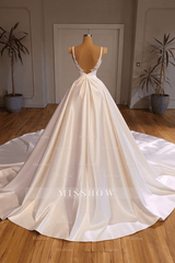 Elegant A-Line Sleeveless Spaghetti Strap Cathedral V-neck Long Wedding Dress