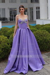 Elegant A-Line Sweetheart Sleeveless Ruffles Satin Purple Prom Dress