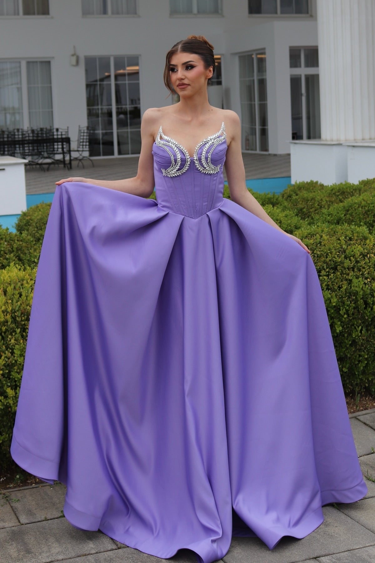 Elegant A Line Sweetheart Sleeveless Ruffles Satin Purple Prom Dress misshow