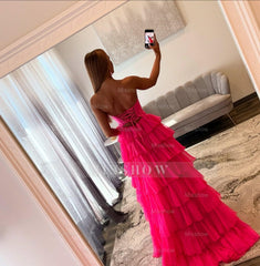 Fuchsia strapless split-front A-line prom dress