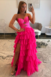 Hot pink strapless split-front A-line prom dress