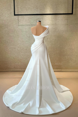 Elegant A-line One Shoulder Cap Sleeve Ruffles Satin Train White Long Prom Dress
