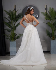 Elegant A-line One Shoulder Sleeveless Appliques Tulle Wedding Dress Woman