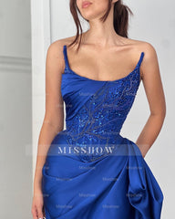 Elegant A-line Ruffles Sleeveless Square Satin Oceanblue Prom Dresses