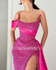 Elegant A-line Satin Sequined Sleeveless Halter Pink Long Prom Dresses