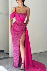 Elegant A-line Satin Sequined Sleeveless Halter Pink Long Prom Dresses