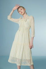 Elegant A-line Tea Length Lace Dress with Long Sleeves