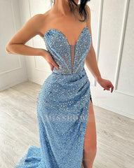 Elegant A-line V-neck Sleeveless Split Front Sequined Blue Prom Dress