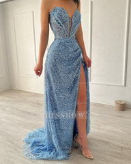 Elegant A-line V-neck Sleeveless Split Front Sequined Blue Prom Dress