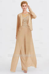 Elegant Bateau Half Sleeve Lace Top Chiffon Mother of Bride Jumpsuit with Wrap