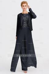 Elegant Bateau Half Sleeve Lace Top Chiffon Mother of Bride Jumpsuit with Wrap