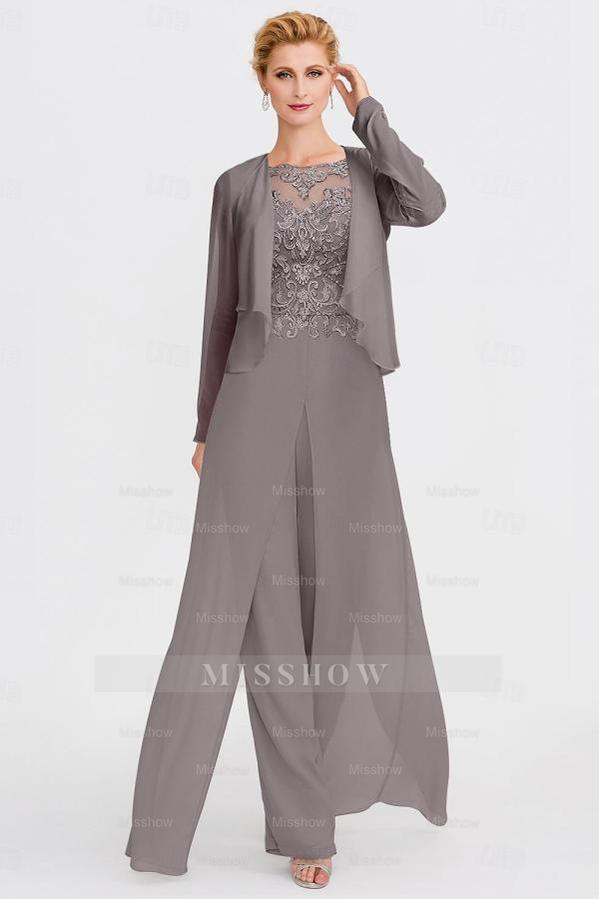 Elegant Bateau Half Sleeve Lace Top Chiffon Mother of Bride Jumpsuit with Wrap