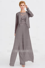 Elegant Bateau Half Sleeve Lace Top Chiffon Mother of Bride Jumpsuit with Wrap