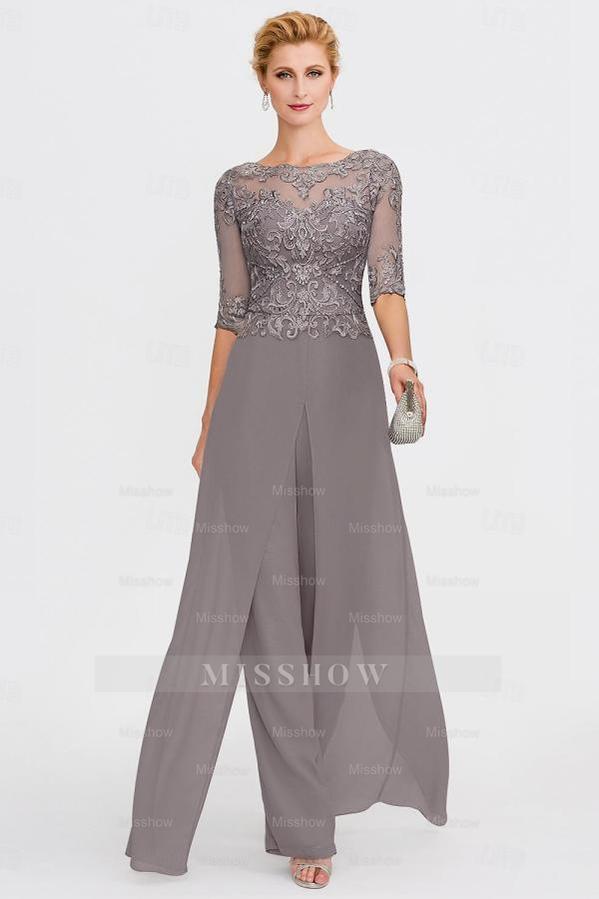 Elegant Bateau Half Sleeve Lace Top Chiffon Mother of Bride Jumpsuit with Wrap