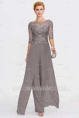 Elegant Bateau Half Sleeve Lace Top Chiffon Mother of Bride Jumpsuit with Wrap
